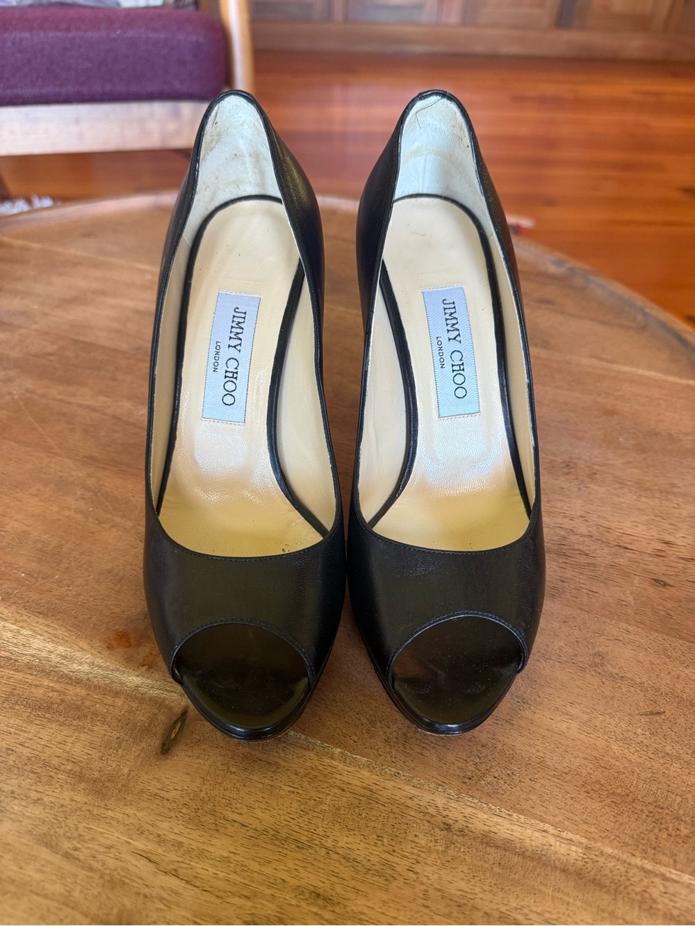 Jimmy Choo Black Peep-Toe Leather Pumps